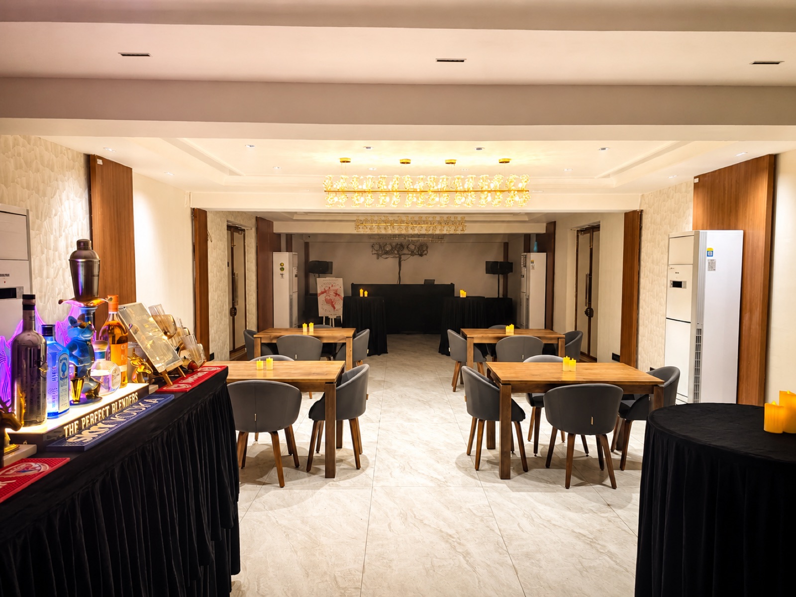 Taara party hall — cocktail counter & dining setup